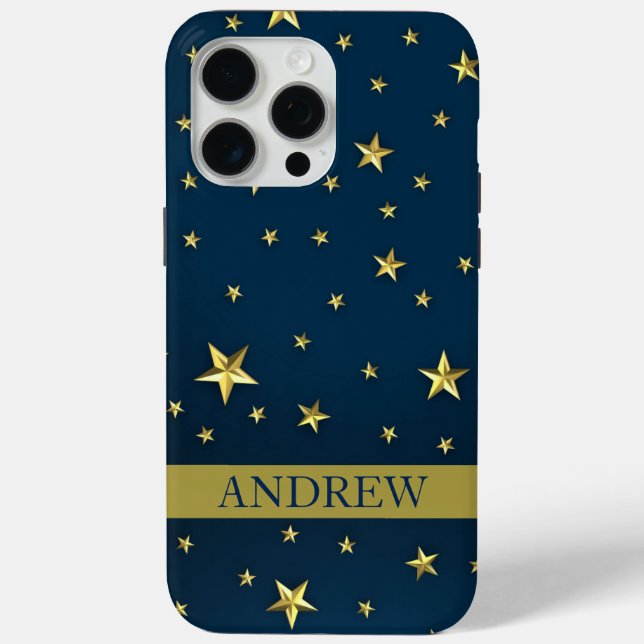 Coques Case-Mate iPhone Bleu Nuit Étoiles Dorées Nom Personnalisé (Verso)