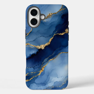 Coque Pour iPhone 16 Plus Bleu Nuit Profond et Or Texture d'Agate à l'Encre