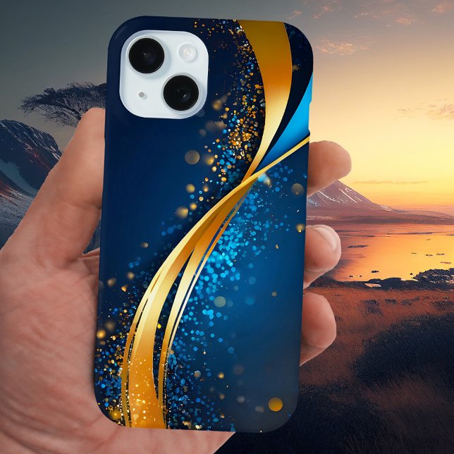 Coques Case-Mate iPhone Bleu Or Contemporain Arte Abstraite Téléphone Case (Phone case featuring an abstract stylish glitter design in navy blue and gold)