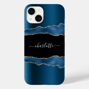 Coque Case-Mate iPhone Bleu or noir agate marbre nom script