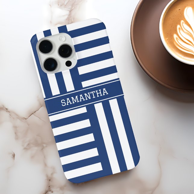 Coques Case-Mate iPhone Bleu personnalisé Bleu chic Nom blanc moderne (Personalized Blue Stripes Chic White Name Modern Case-Mate iPhone Case)