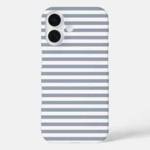 Coque Pour iPhone 16 Bleu Poussiéreux & Blanc Rayures Horizontales Mign