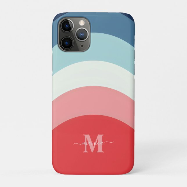 Coques Case-Mate iPhone Bleu rose arc-en-ciel rayures de courbe Monogramme (Dos)