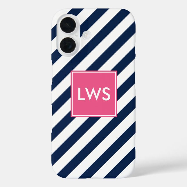 Coques Case-Mate iPhone Bleu rose diagonale rayures Monogramme (Verso)
