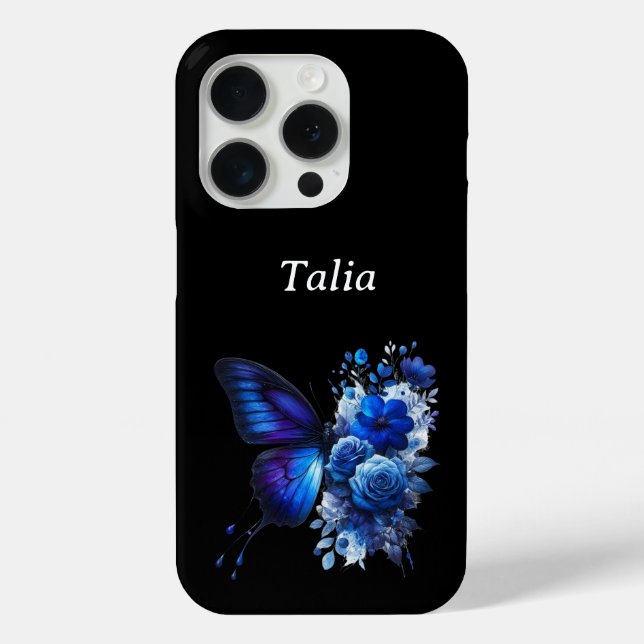 Coques Case-Mate iPhone Bleu sur Papillon floral noir Personnalisé (Verso)