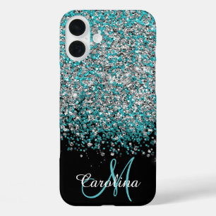 Coque Pour iPhone 16 Plus Bleu, Turquoise, Parties scintillant, Nom et Monog