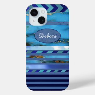 Coque Case-Mate iPhone bleu turquoise patise of stripes & name