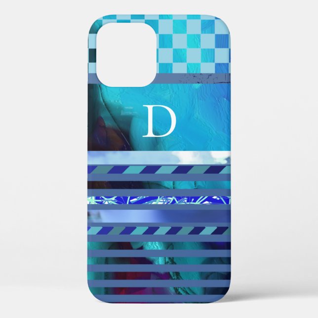 Coques Case-Mate iPhone bleu turquoise rayures motif personnalisé initial (Verso)