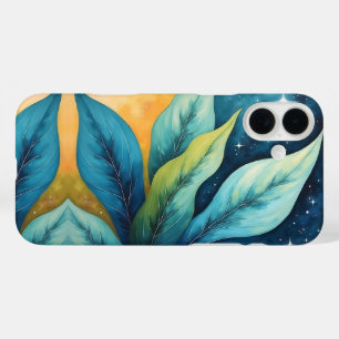 Coque Pour iPhone 16 Plus Bleu Vert Feuille Golden Sun et étoiles