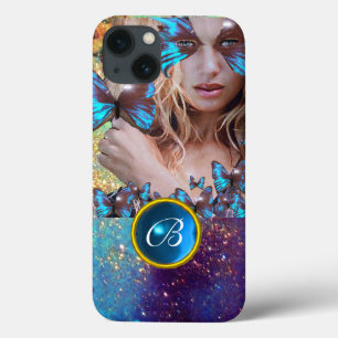 iPhone 13 CASE BLEUE BÂTIMENT LADY, TURQUOISE GOLD SPARKLE GEM MO