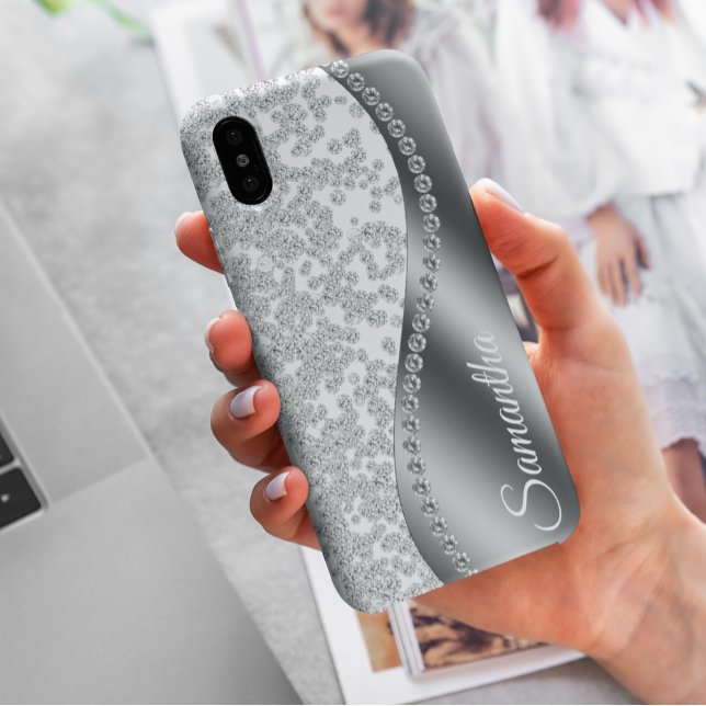 Coques Case-Mate iPhone Bling en Métal Argenté Monogramme Simulé Diamant (Créateur téléchargé)