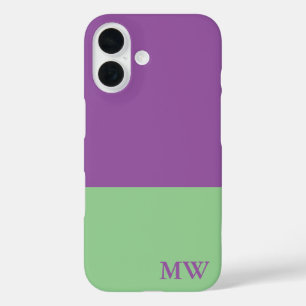Coque Pour iPhone 16 Bloc couleur monogramme violet et vert menthe