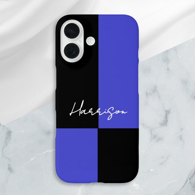 Coques Case-Mate iPhone Bloc de couleur gras bleu et noir personnalisé (A phone case with color block design in vibrant blue and sleek black, with personalized script name)