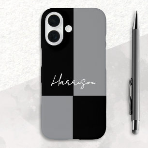 Coque Pour iPhone 16 Bloc de couleur minimaliste gris noir nom personna