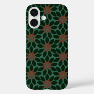 Coque Pour iPhone 16 Bloc Imprimer Carrelage Fleurs vert foncé rouge