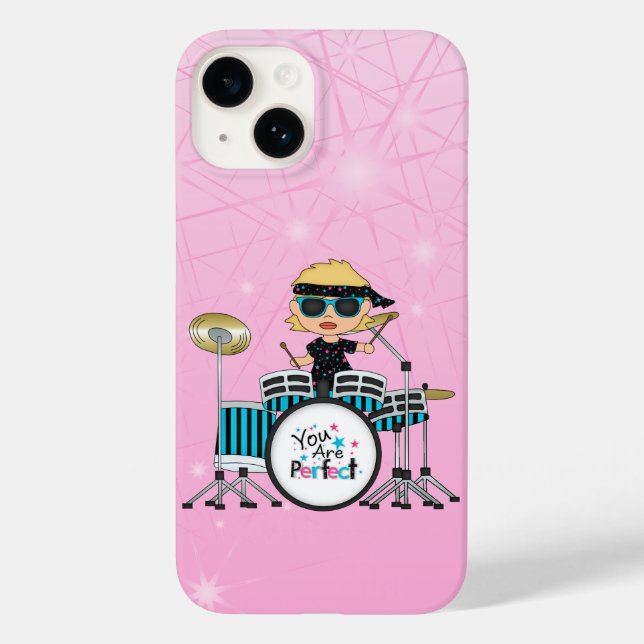 Coques Case-Mate iPhone Blonde Drummer Girl avec étoiles sur rose (Verso)