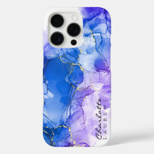 Coque iPhone 16 Pro Blue Amethyst Gold Alcohol Encre personnalisable
