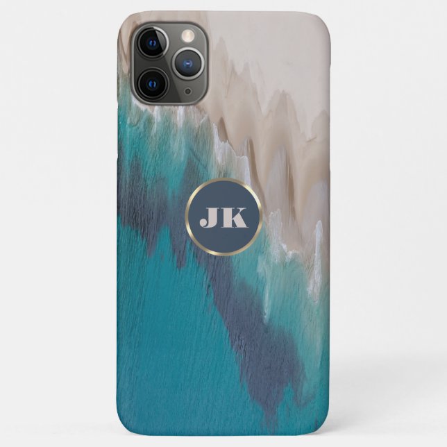 Coques Case-Mate iPhone Blue Beach & Gold Metal Typographie Monogramme Nom (Dos)