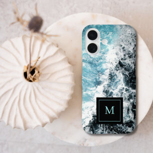 Coque Pour iPhone 16 Blue Black Ocean Waves Hawaii Monogramme
