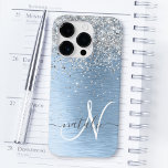 Coque Case-Mate iPhone Blue Brushed Metal Silver Glitter Monogram Name<br><div class="desc">Easily personalize this trendy chic phone case design featuring pretty silver sparkling glitter on a blue brushed metallic background.</div>