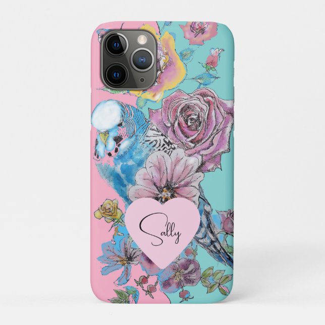 Coques Case-Mate iPhone Blue Budgie Aquarelle florale Girls Rose Aqua (Dos)