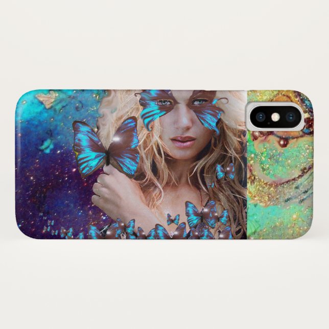 COQUES Case-Mate iPhone BLUE BUTTERFLY WITH GREEN GOLD SPARKLES (Dos (Horizontal))