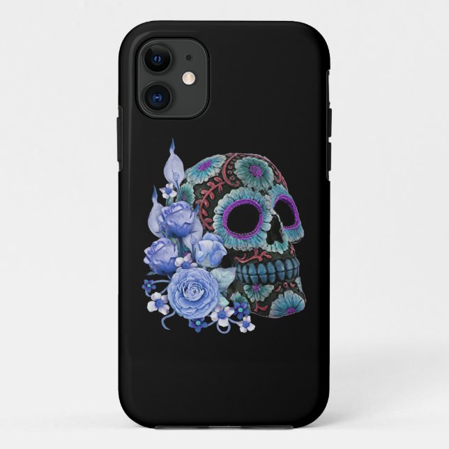 Coques Case-Mate iPhone Blue Floral Black Sugar Skull Jour des morts (Dos)
