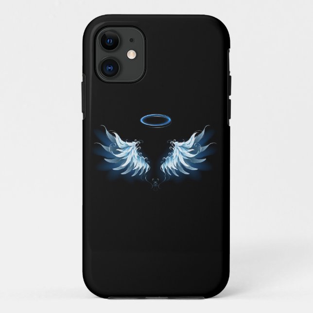 Coques Case-Mate iPhone Blue Glowing Angel Wings on black background (Dos)