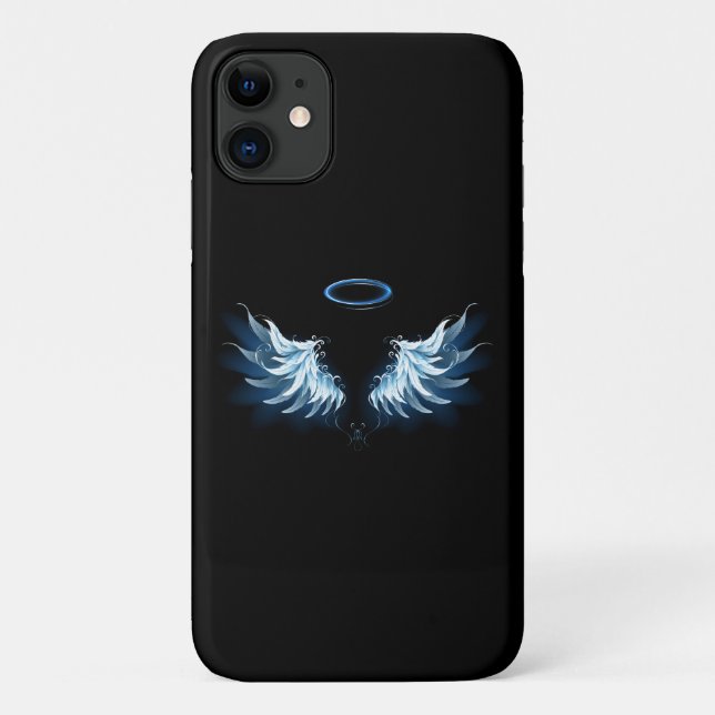 Coques Case-Mate iPhone Blue Glowing Angel Wings on black background (Dos)