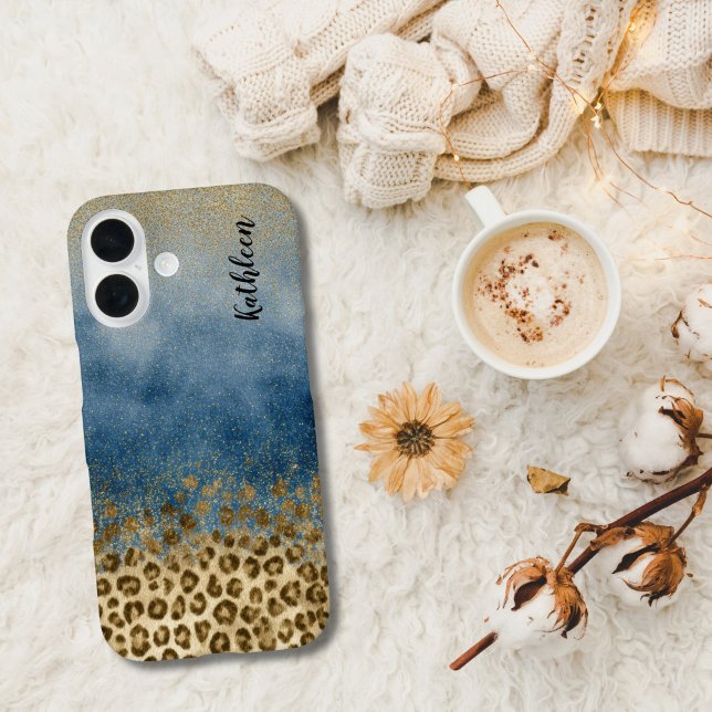 Coques Case-Mate iPhone Blue Gold Glitter Leopard Print Monogram Name (Blue gold glitter leopard print monogrammed name iPhone case 17 16 15 14 13 12 11 Pro Max Plus Mini)