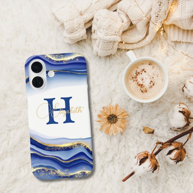 Coques Case-Mate iPhone Blue Gold Ink Monogramme Nom initial (Monogram Name initial Blue Gold Alcohol Ink Pattern iPhone case. iPhone 16 15 14 13 12 11 )
