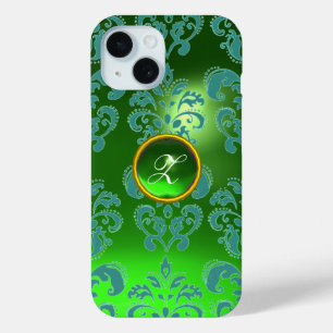 COQUE POUR iPhone 15 BLUE GREEN DAMASK EMERALD GEMSTONE MONOGRAS