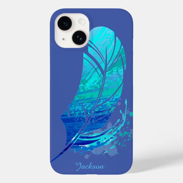 Coques Case-Mate iPhone Blue Green Feather Moderne Monogramme (Verso)
