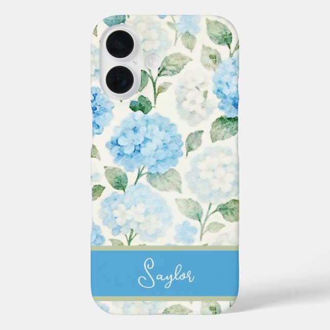 Coques Case-Mate iPhone Blue Hydrangea Watercolor Name (Verso)