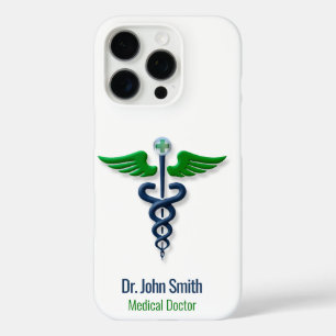 Coque iPhone 16 Pro Blue Médicale Caduceus Stylish Green Wings Cross