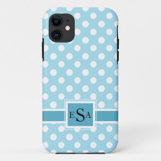 Coques Case-Mate iPhone Blue Polkadot Monogramme mignon Moderne (Dos)