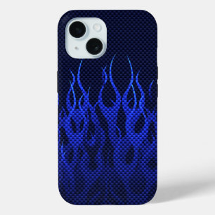 Coque Pour iPhone 15 Blue Racing Flames on Carbon Fiber