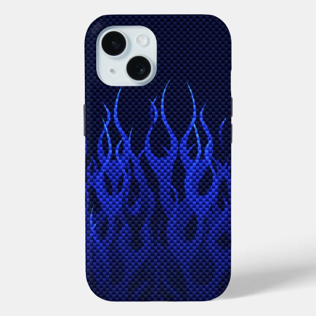 Coques Case-Mate iPhone Blue Racing Flames on Carbon Fiber (Verso)