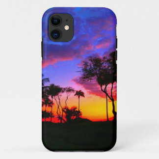 Coque iPhone 11 Blue Red Sunset Exotic Hawaiian Beach Palm Trees