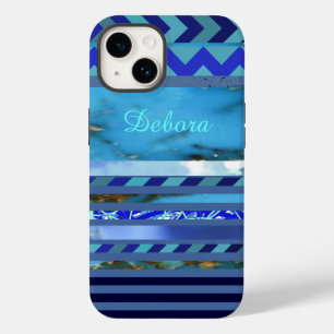 Coque Case-Mate iPhone Blue Turquoise Stripes Motif Nom personnalisé