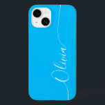 Coque Case-Mate iPhone Blue White Elegant Calligraphie Nom du script<br><div class="desc">Blue White Elegant Calligraphy Script Personnalisé Nom iPhone 14 Smart Phone Boîtes dispose d'un design moderne et tendance simple et élégant avec votre nom personnalisé dans élégante calligraphie manuscrite typographie de script sur un arrière - plan bleu. Conçu par ©Evco Studio www.zazzle.com/store/evcostudio</div>