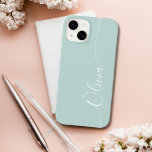Coque Case-Mate iPhone Blue White Elegant Calligraphie Nom du script<br><div class="desc">Blue Elegant White Calligraphy Script Personnalisé Nom iPhone 14 Smart Phone Boîtes dispose d'un design moderne et tendance simple et élégant avec votre nom personnalisé dans élégante calligraphie manuscrite typographie de script sur un arrière - plan bleu opal. Conçu par ©Evco Studio www.zazzle.com/store/evcostudio</div>