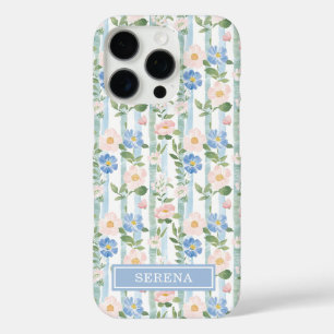 Coque iPhone 16 Pro Blush Fleurs Aquarelle Rayures Personnalisées