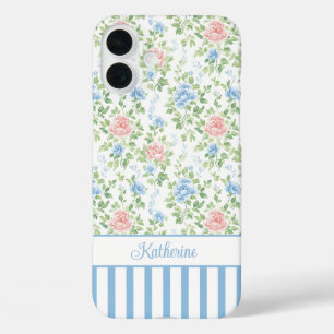 Coque Pour iPhone 16 Plus Blush Monogramme Floral Aquarelle Bleu