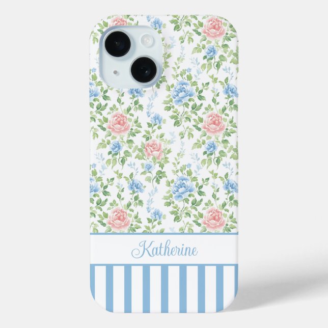 Coques Case-Mate iPhone Blush Monogramme Floral Aquarelle Bleu  (Verso)