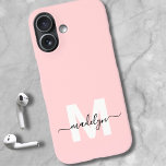 Coque Pour iPhone 16 Blush Pink Elegant Minimal Name Monogram<br><div class="desc">Personalized Blush Pink Initial Monogram Phone Case. Add a touch of elegance and femininity to your phone with this stylish personalized phone case. Featuring a soft blush pink background, a crisp white initial letter, and a sleek black script name, this design brings a luxurious, modern look to your everyday accessories....</div>