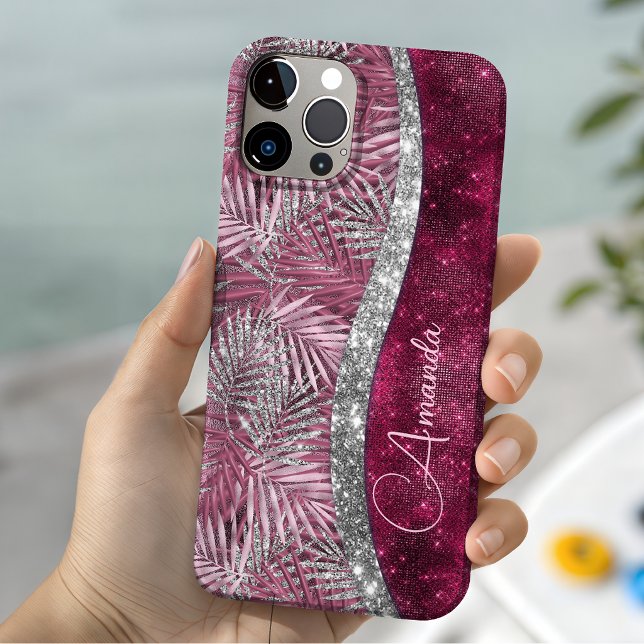 Coques Case-Mate iPhone Blush rose chic fuchsia pailleté feuilles monogram (Créateur téléchargé)