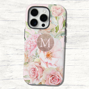 Coque iPhone 16 Pro Blush Rose Gold Floral Monogrammé 
