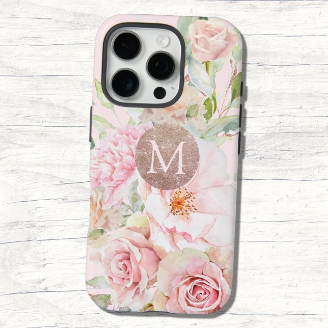 Coques Case-Mate iPhone Blush Rose Gold Floral Monogrammé  (Close up)