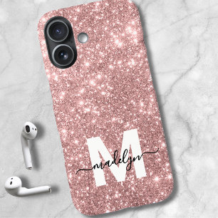 Coque Pour iPhone 16 Blush Rose Gold Pailleté Monogramme Prénom
